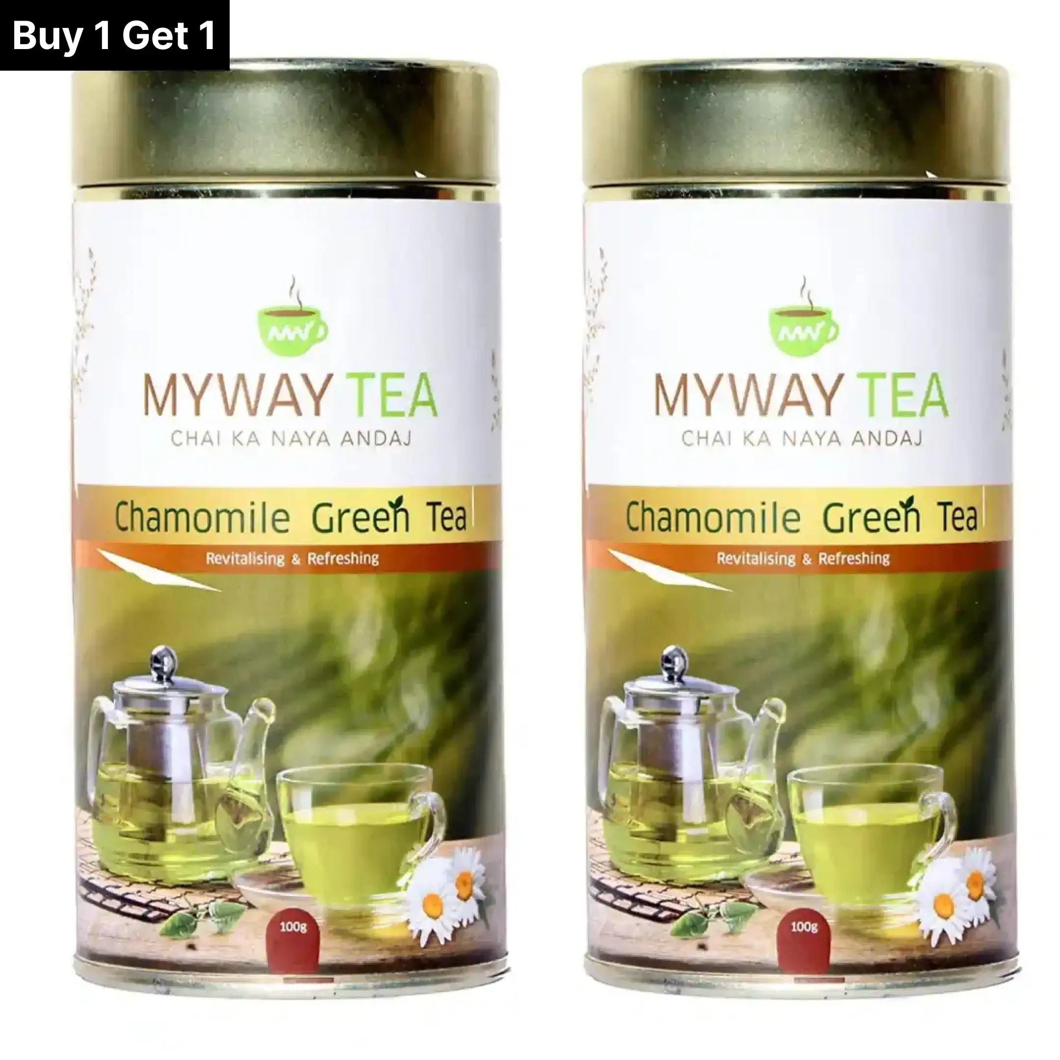 MYWAY TEA Chamomile Fresh Green Tea, 100% Whole Leaf, Loose Green Tea Leaves with No Tea Dust. Only Leaf Green Tea,Helps to Body Cleanse, Boost Immunity Promote Healthy & Glowing Skin, Zero Calories 100Gm) Pack of 2