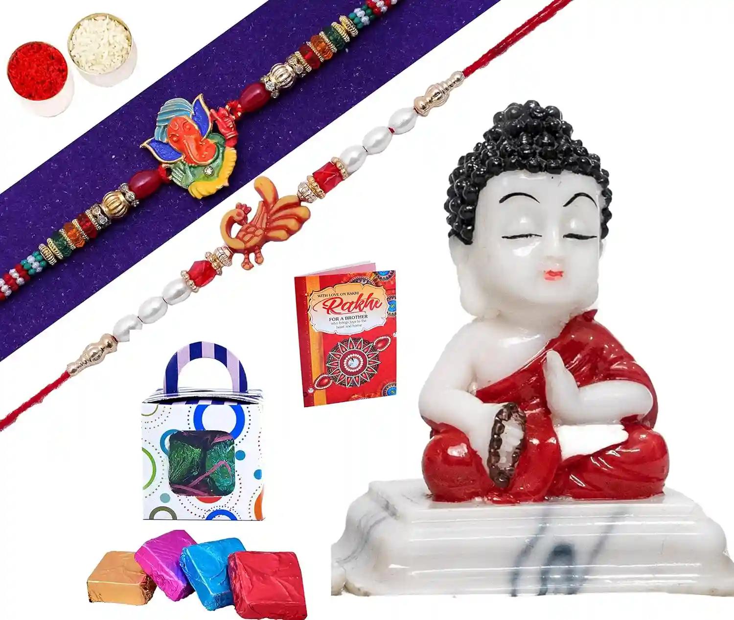 Rakhi For Brother And Bhabhi/Rakhi For Brother/Set Of 2 Rakhi Gift For Brother-Kundan Rakhi+Beads Rakhi+Showpiece Figurine +Roli, Chawal+Raksha Bandhan Greeting Card