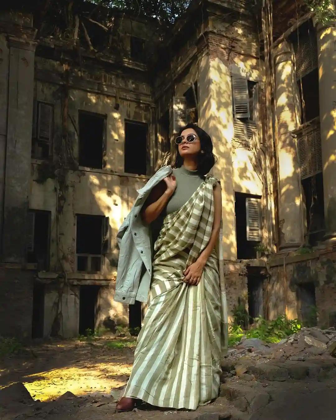 Cotton Stripes Saree - White & Grey