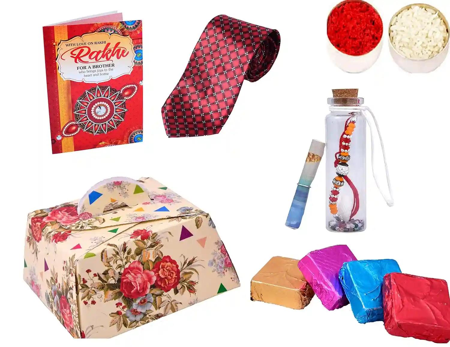 MANTOUSS Rakhi For Brother With Gift/Rakhi For Brother Combo/Rakhi For Brother With Chocolate-Rakhi In A Message Bottle+Handcrafted Chocolates+Roli+Chawal+Men'S Neck Tie+Rakhi Greeting Card