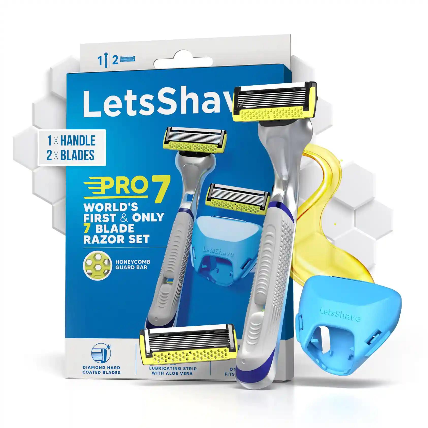 LetsShave Pro 7 Max Shaving Razor for Men with 2 Blades & 1 Handle + Razor Cap World's First 7-Blade Razor with Honey Comb Bar, Shaving Kit