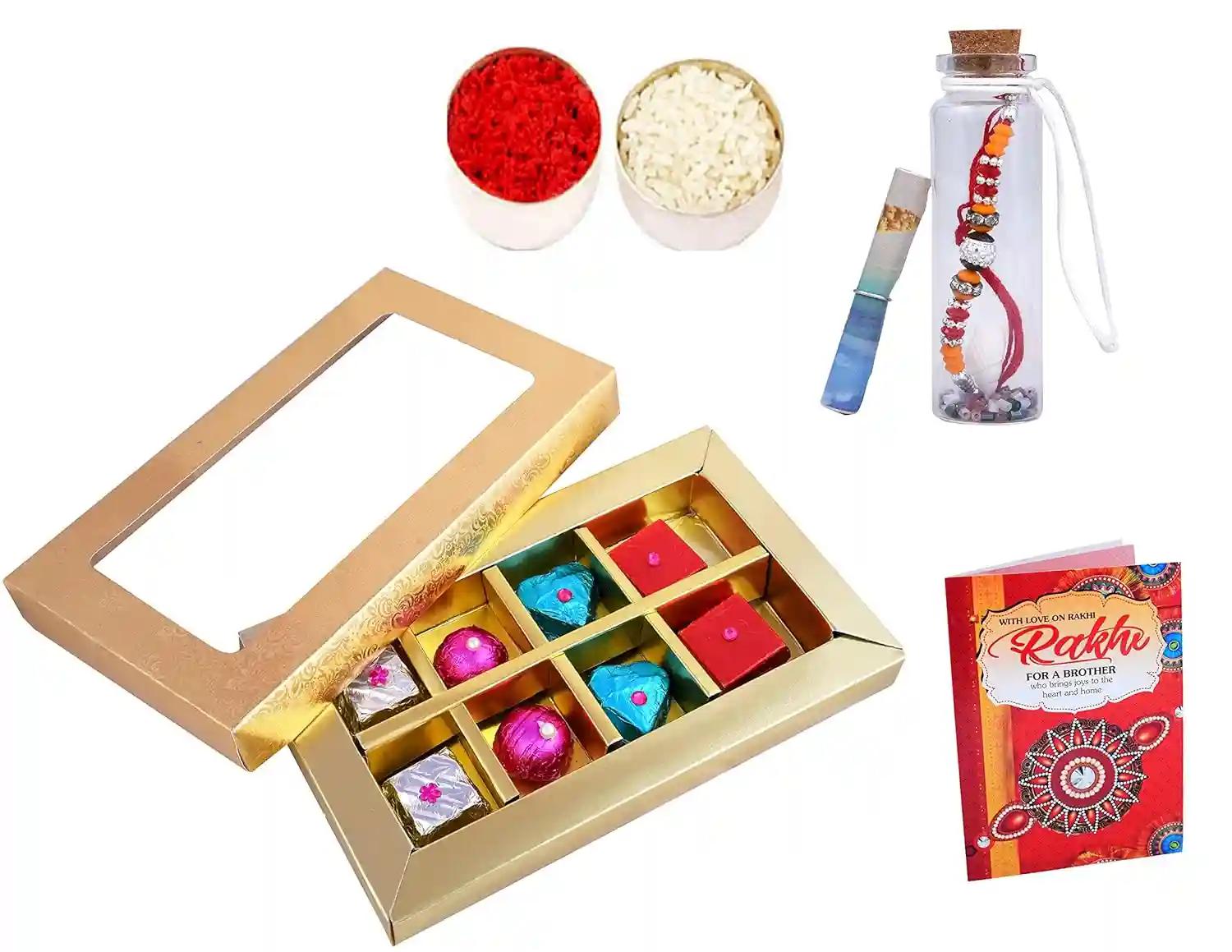 Rakhi For Brother With Gift/Rakhi Gift For Brother/Rakhi For Raksha Bandhan-Rakhi In A Message Bottle+Handcrafted Chocolates In A Golden Box+Roli+Chawal+Raksha Bandhan Greeting Card