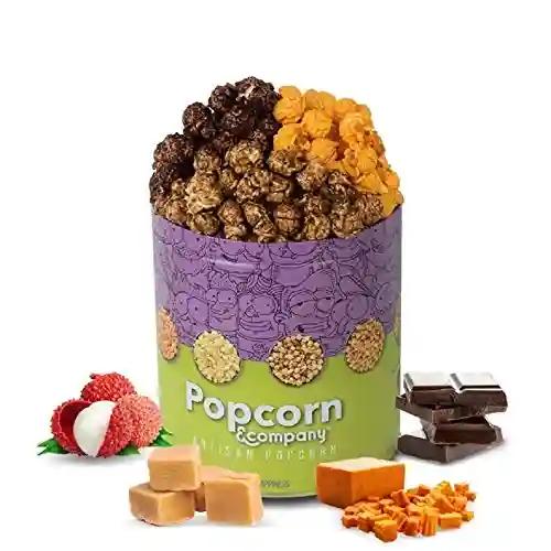 Popcorn & Company Sampler Pack Regular Tin - 130 Gm (Caramel Crisp Popcorn, Choco Caramel Popcorn, Crunchy Lichi Popcorn, Cheesy Sriracha Popcorn)