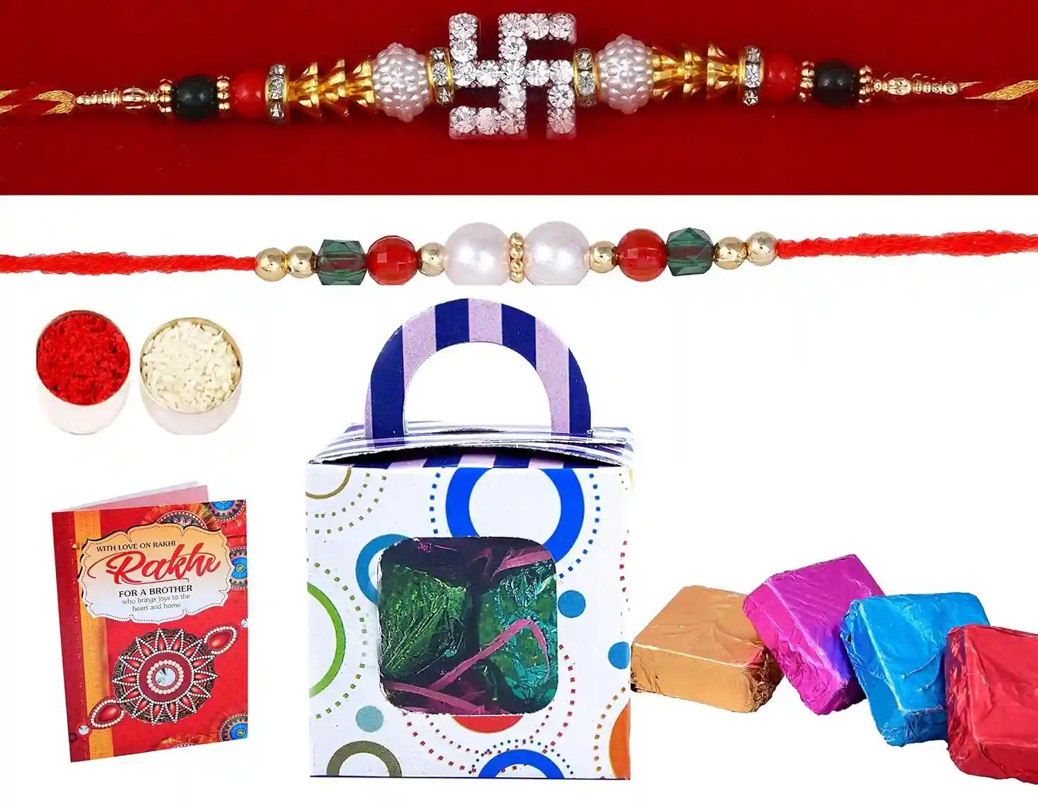 MANTOUSS Rakhi For Brother With Gift/Set Of 2 Fancy Rakhi With Gift/Rakhi For Brother With Chocolate Gift-Swastik Rakhi+Beads Rakhi+Chocolates+Roli,Chawal+Raksha Bandhan Greeting Card