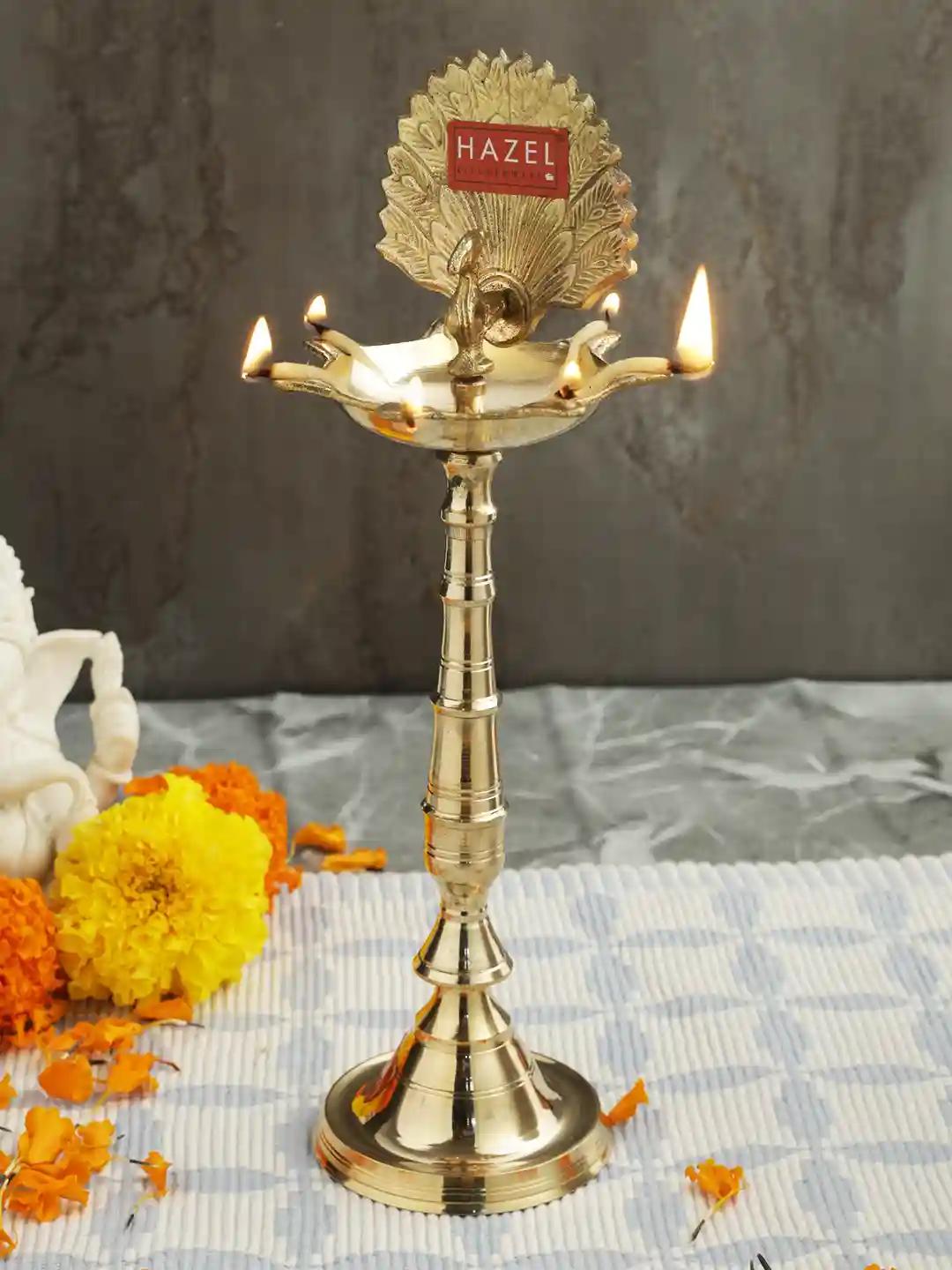 HAZEL Brass Diyas for Pooja | Brass Lamps with Traditional Design | Pooja Room Decoration Lamp | Kerala Samay Diya Stand for Festive Occasions | Multipurpose Deep