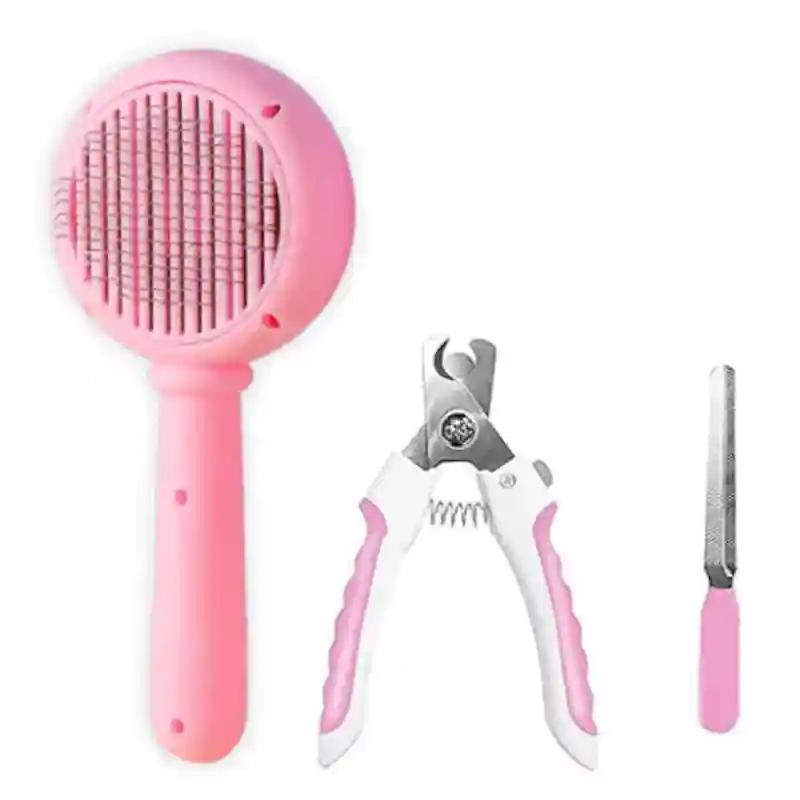 PSK PET MART 3 in 1 Self Cleaning Slicker Brush with Nail Clipper and Trimmer Set,Cleaning Grooming Comb-Quick Clippers-Free Nail File-for Dogs and Cats- Professional Grooming Tool for Pets