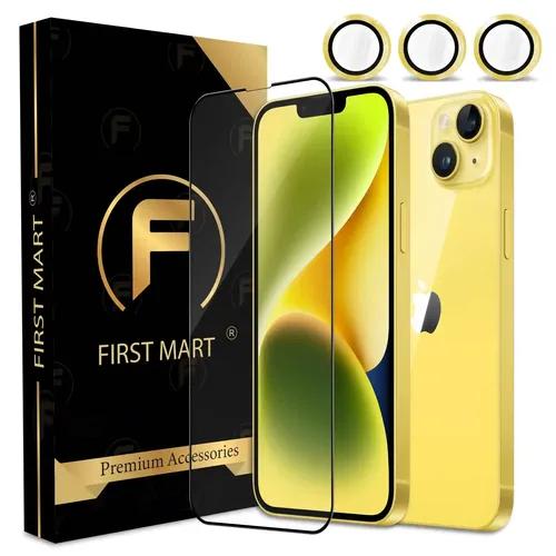 FIRST MART for iPhone 14 Plus Tempered Glass and 1 Set of Individual Yellow Camera Rings Protectors, 2.5D Curved Edges, Full-Coverage Military-Grade Protection, Scratch Resistant | Yellow Rings