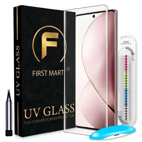 FIRST MART Tempered Glass for Vivo V29 5G / V29 Pro 5G with Edge to Edge Full Screen Coverage and Easy UV Glue Installation Kit and Cable Protector, Pack of 1