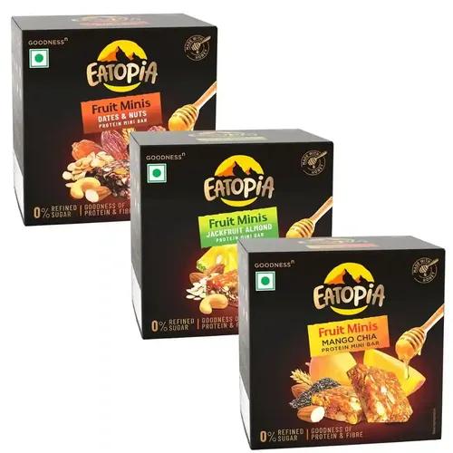 EATOPIA Fruit Minis Energy Box | 100% Natural Energy Bar, No Preservatives | Healthy Breakfast Snack | 1 Mango Chia, 1 Jackfruit & 1 Dates | Pack of 3 (5 minis per box) | Oats,Honey,Nuts & Seeds | Dry Fruits Protein Bar