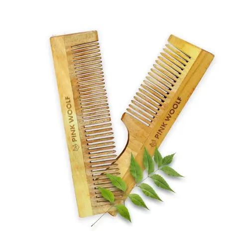 PINK WOOLF Organic Neem Wooden Comb for Hair Growth, Made of Kacchi Neem Wood, Detangle and Control Frizz, Lustrous Shine, Pack of 2 (Dual Teeth and Handle)