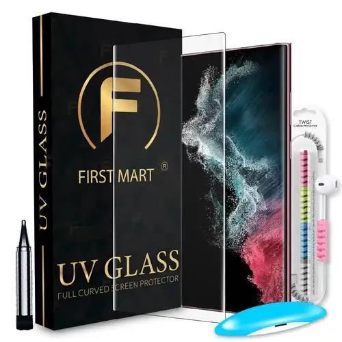 FIRST MART Tempered Glass for Samsung Galaxy S22 Ultra 5G with Edge to Edge Full Screen Coverage and Easy UV Glue Installation Kit and Cable Protector, Pack of 1