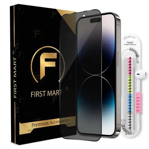 FIRST MART Privacy Tempered Glass for iPhone 14 Pro Max Edge to Edge Full Screen Coverage & Cable Protector & Easy Installation Kit