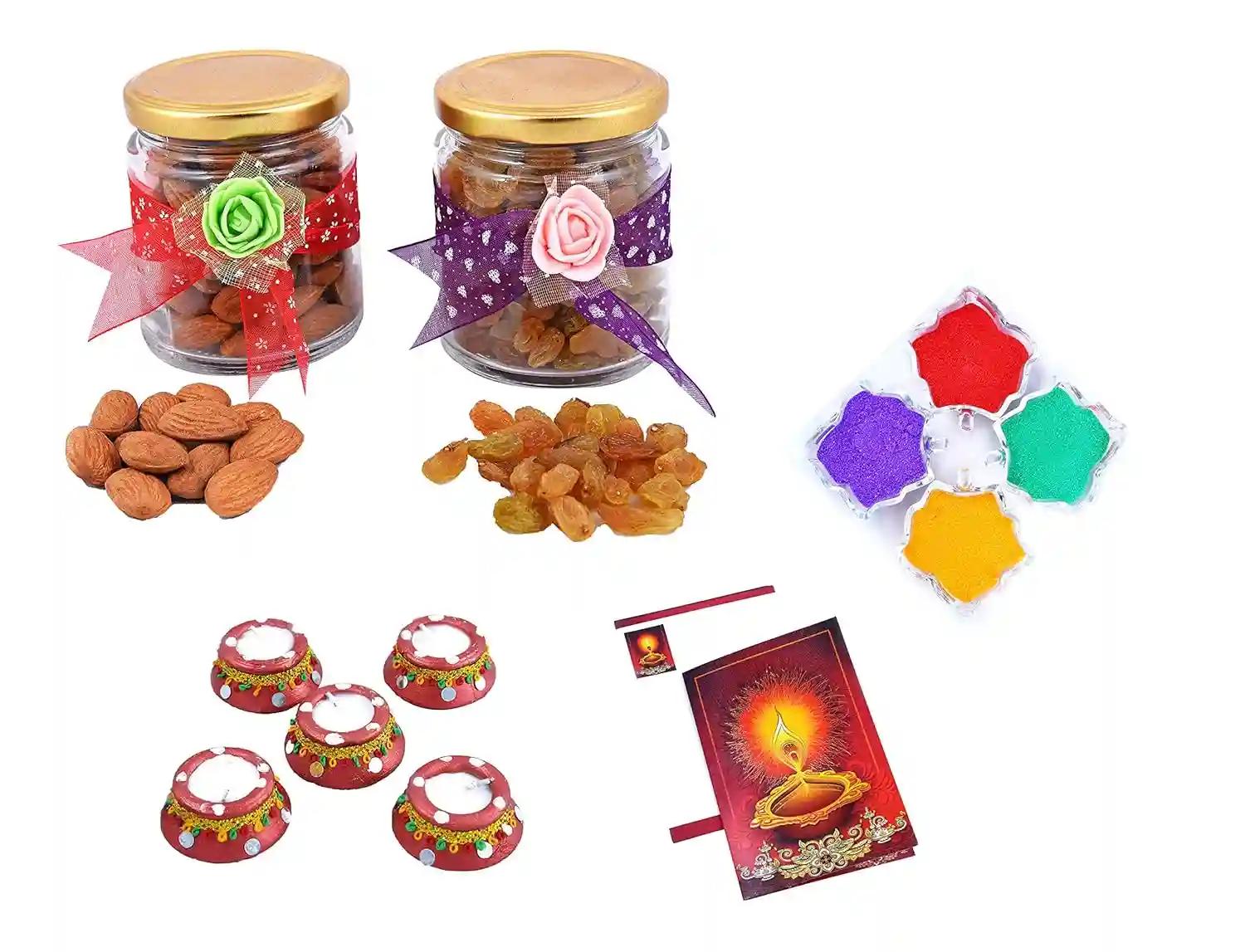 MANTOUSS Diwali Dry Fruit Decorative Glass Jar-Almond and Raisin(100gms Each),200 GMS + 2 Matki Wax Filled Diya, Diwali Greeting Card and Rangoli Colours