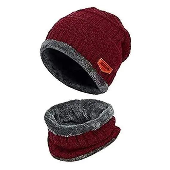 YOUTH ROBE - Premium Brand Knitted Winter Cap & Neck Scarf with fleece,Unisex Beanie Cap with Neck Warmer,Thermal Cap, Fluffy Woolen Cap (set of gloves and cap) Maroon