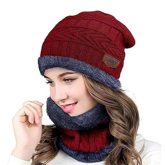 YOUTH ROBE - Premium Brand Knitted Winter Cap & Neck Scarf with fleece,Unisex Beanie Cap with Neck Warmer,Thermal Cap, Fluffy Woolen Cap (set of gloves and cap) Maroon