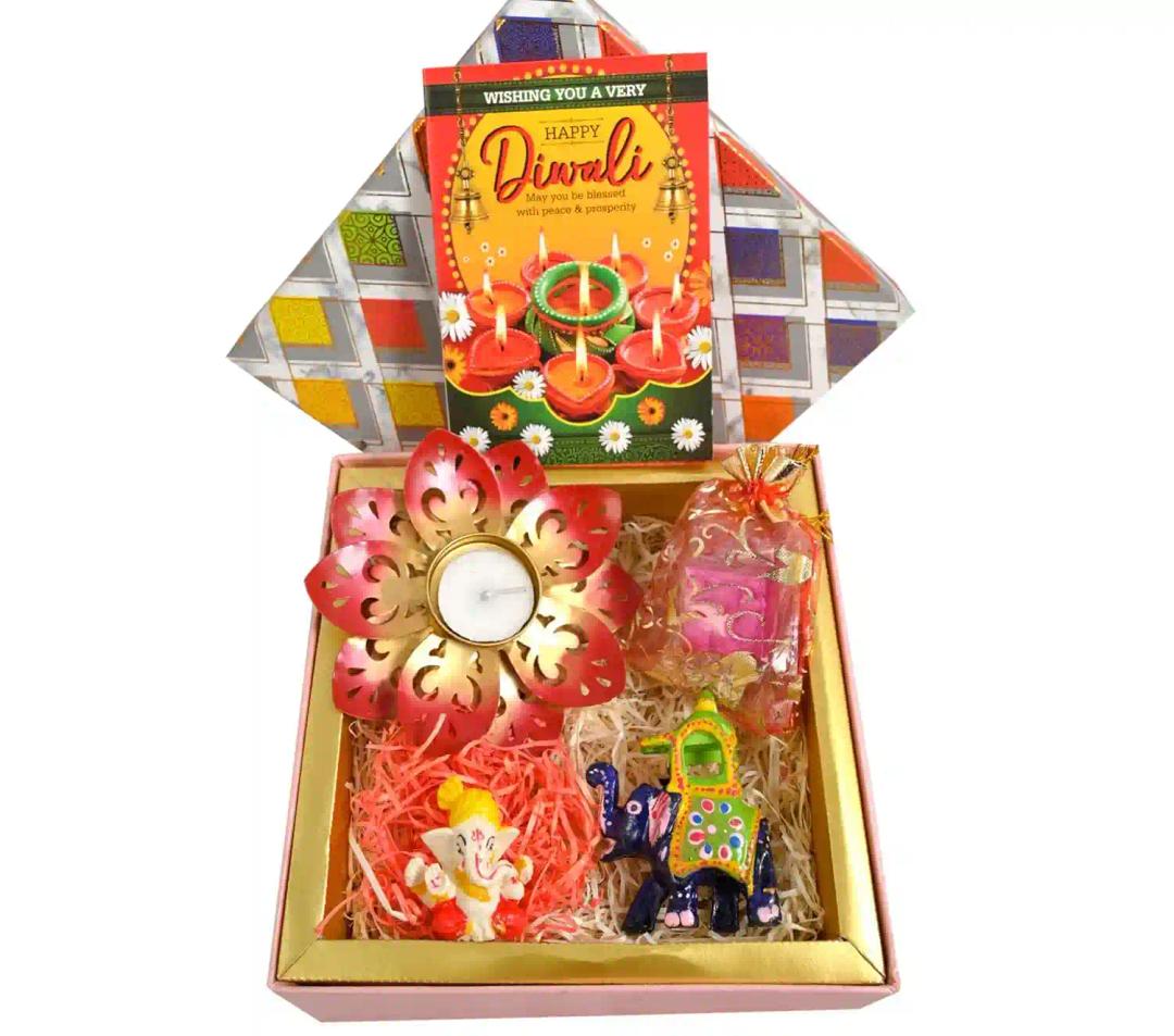 MANTOUSS diwali chocolate candy/diwali chocolate candy for employee/diwali gifts for employees-decorated box+metal diya candle holder+showpiece figurine+ambawadi elephant+diwali greeting card