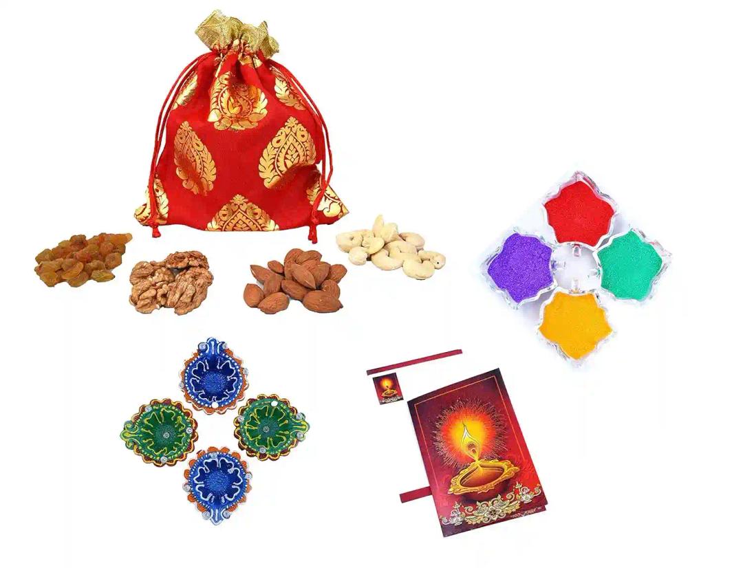 MANTOUSS Diwali Dry Fruit Red Exclusive Potli-Cashew,Almond,Walnut and Raisin (50gms Each) 200gms +2 earthern Diya, Diwali Greeting Card and Rangoli Colours