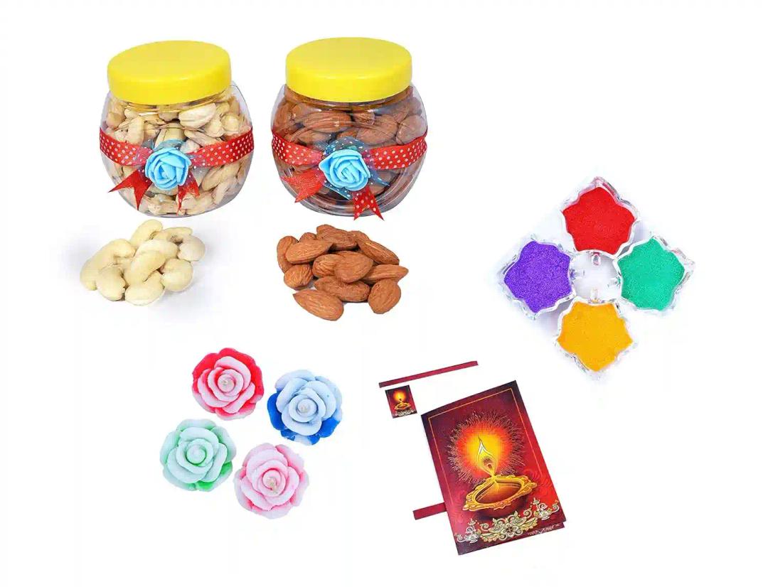 MANTOUSS Diwali Dry Fruit Decorated Jar-Almond and Cashew(100gms Each),200 GMS + 2 Floating Diya, Diwali Greeting Card and Rangoli Colours