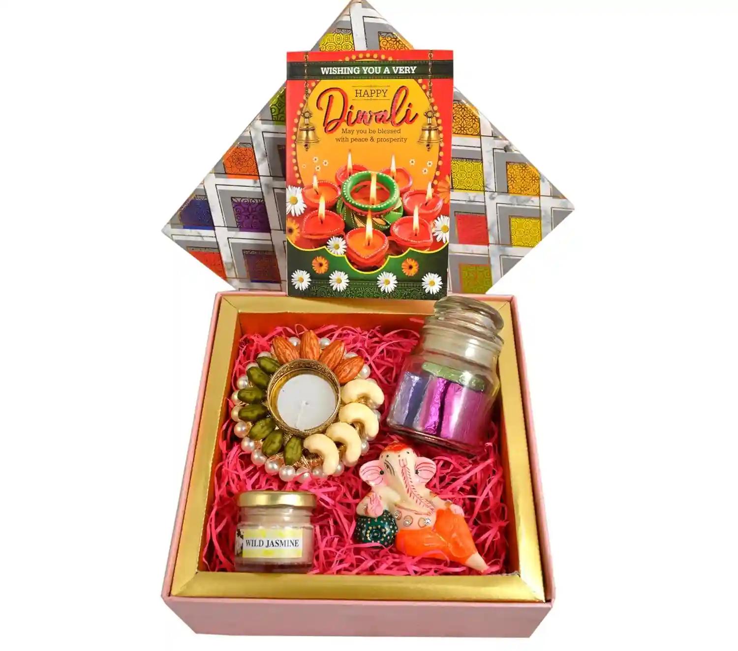 MANTOUSS diwali gift/diwali gift items/diwali gift box/diwali gift hamper-decorated box+Handcrafted chocolate in a jar+Showpiece figurine+scented jarCandle+designer candle holder+Diwali Greeting Card