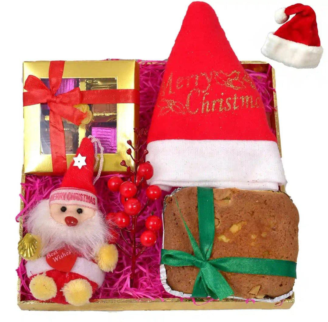 Christmas Gift for Kids/Christmas Gift Box/Christmas Gift Set/Christmas cake-200gms veg Cake+A Box of chocolote+Santa Claus Soft Toy+A Bunch of Cherry for Decor+Santa Claus Themed Cap+Christmas Card