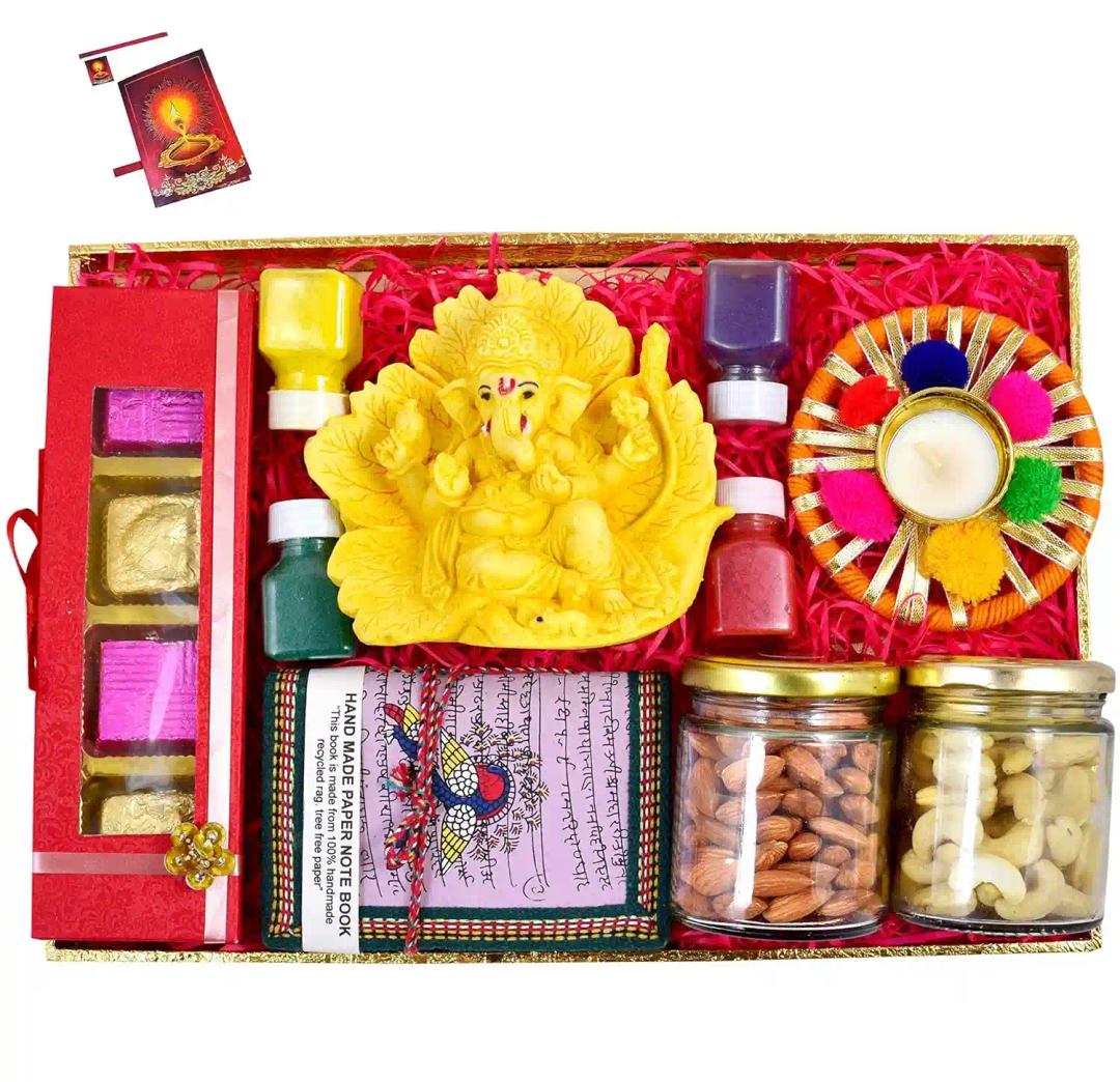 Diwali Gift hamper/Dry Fruits Diwali gift pack/Diwali dry fruits gift box-100gms of cashew+100gms of almonds+chocolate box+Showpiece figurine+Handmade diary+designer diya+Rangoli Colours+Diwali Card