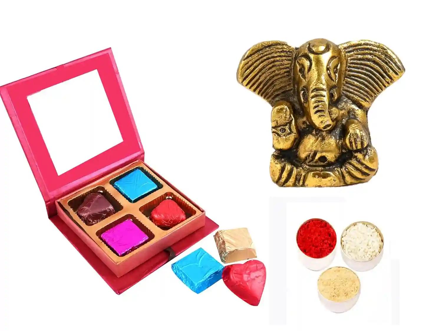 Bhai dooj gift set for brother/bhai dooj gift/bhai dooj gift for brother/bhaiya dooj gift hamper/bhai dooj roli chawal/bhai dooj tika set-Chocolate box+showpiece figurine+roli chawal chandan