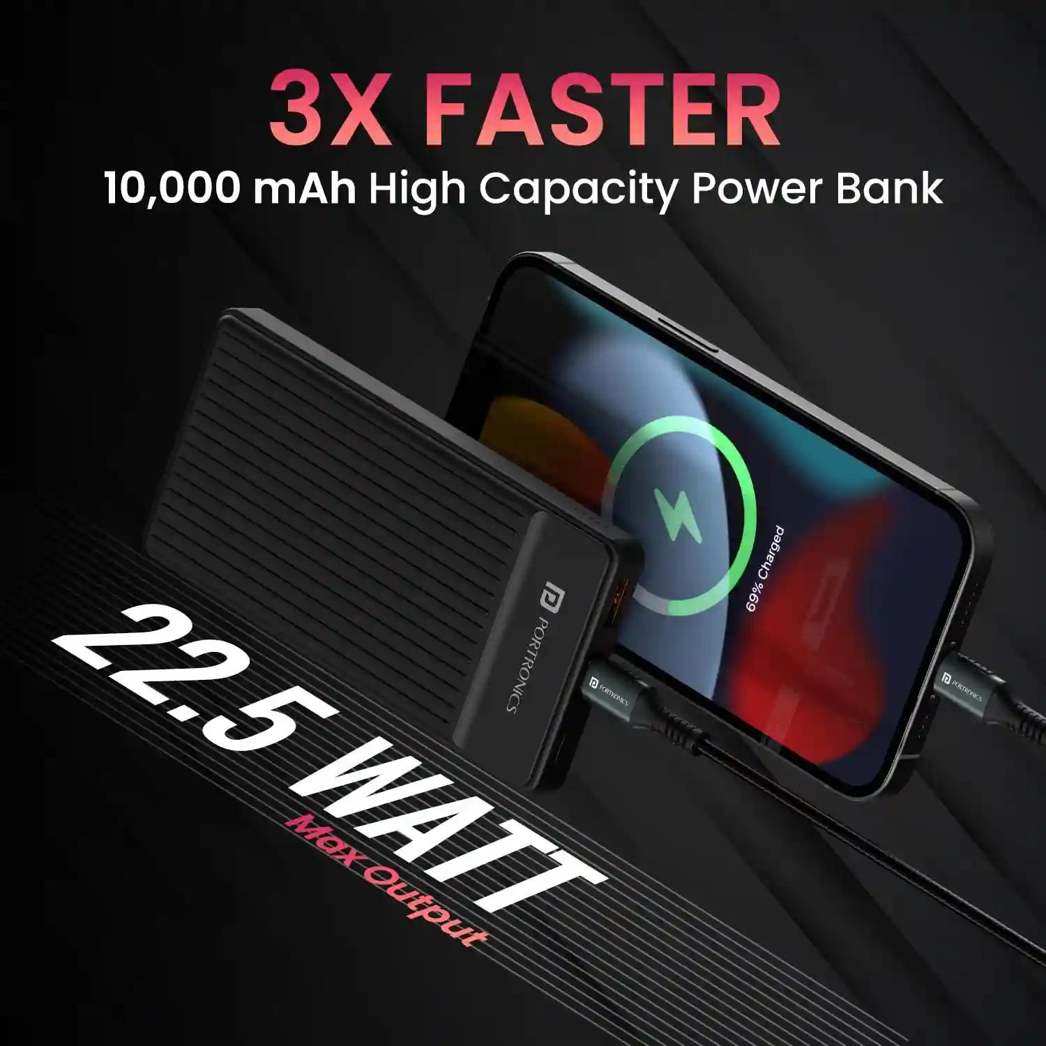 Portronics Luxcell B 10K 10000 mAh 22.5W Fast charging Power Bank, Ultra Slim Power Bank with Mach USB-A Output, Type C PD Output, Type C Input, Wake Up Button(Black)