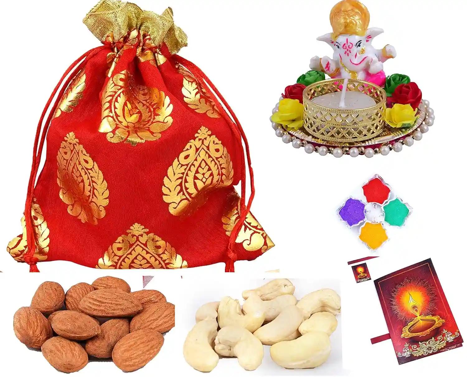 MANTOUSS Diwali Celebrations Gift Hamper/Diwali Gift Box-Designer potli with Almond and Cashew+Ganesha tealight Candle Holder+4 Rangoli Colours+Diwali Greeting Card