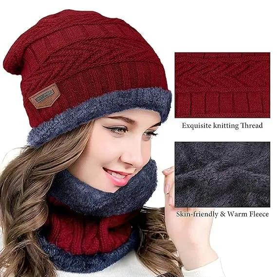 YOUTH ROBE - Premium Brand Knitted Winter Cap & Neck Scarf with fleece,Unisex Beanie Cap with Neck Warmer,Thermal Cap, Fluffy Woolen Cap (set of gloves and cap) Maroon