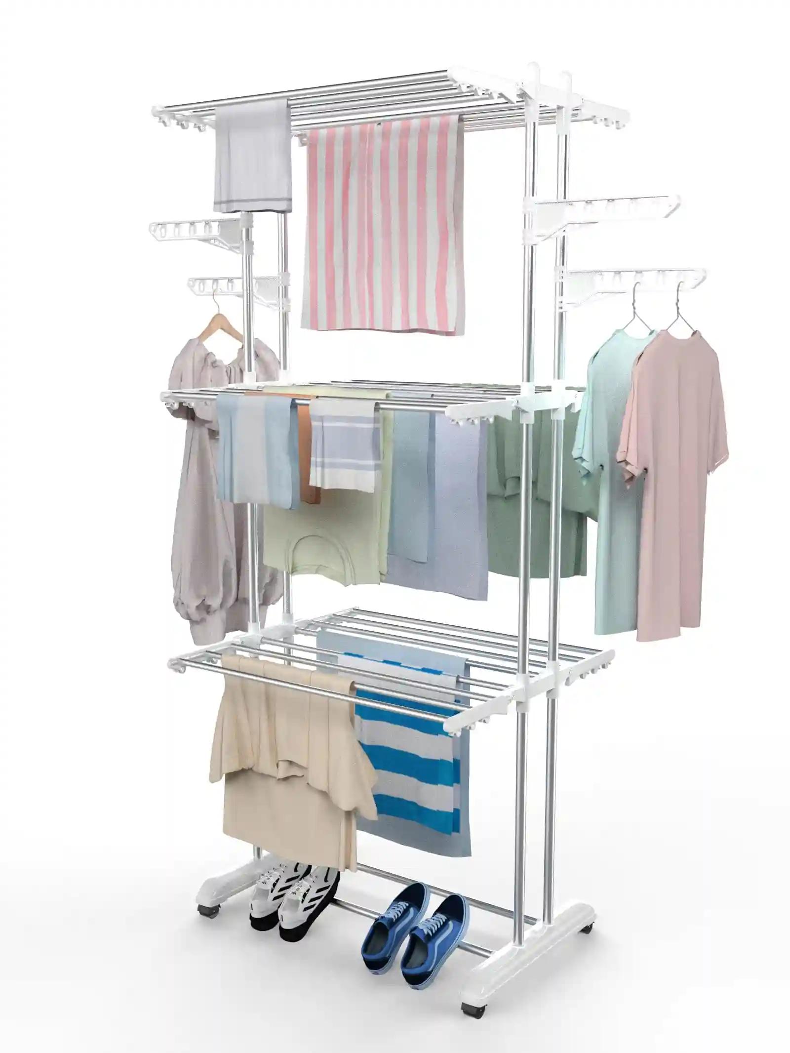 H Houseware Premium Heavy Duty Stainless Steel Foldable Cloth Drying Stand/Clothes Stand for Drying/Cloth Stand/Clothes Dryer/Laundry Racks with Wheels (Pearl White)