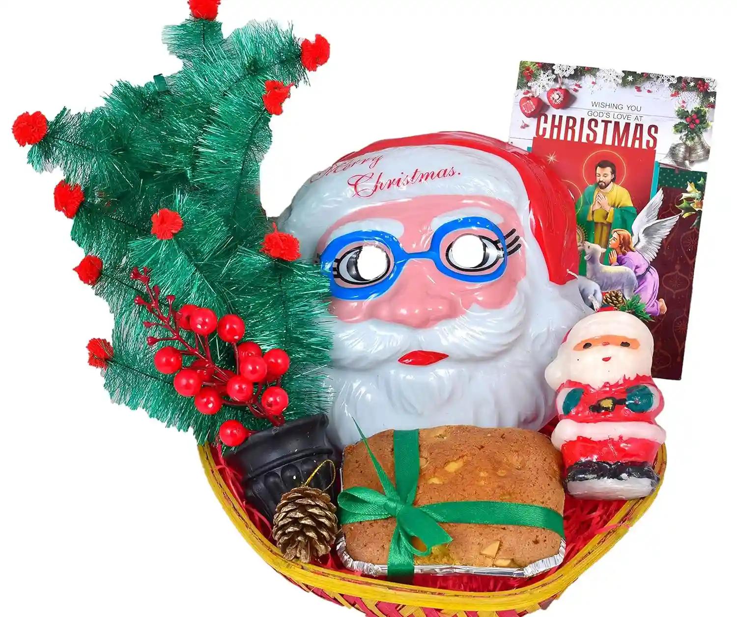 Christmas Gift Box/Christmas Gift Hamper/Christmas Cake Gift-Decorated Basket+150gms Cake+Christmas Tree+Santa Claus mask+Santa Claus Candle+Bunch of Decorative Cherry+Pine Cone+Christmas Card