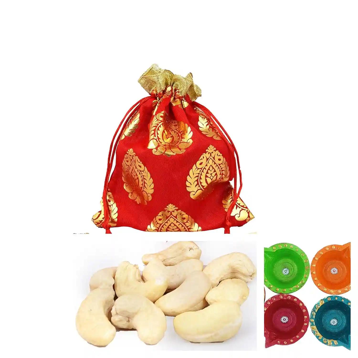 MANTOUSS Diwali Dry Fruit Red Designer Potli-Cashew + 2 Cute diyas