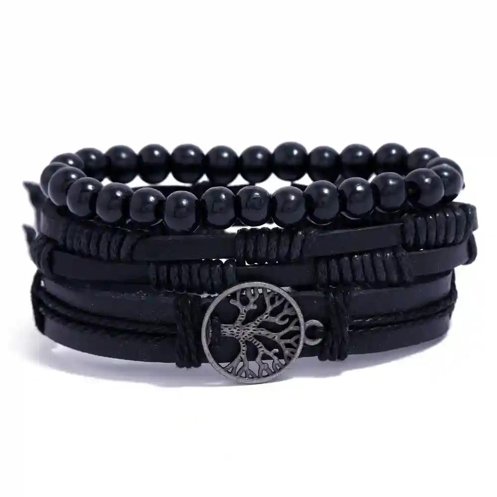 Black Beaded Mens Leather Bracelet