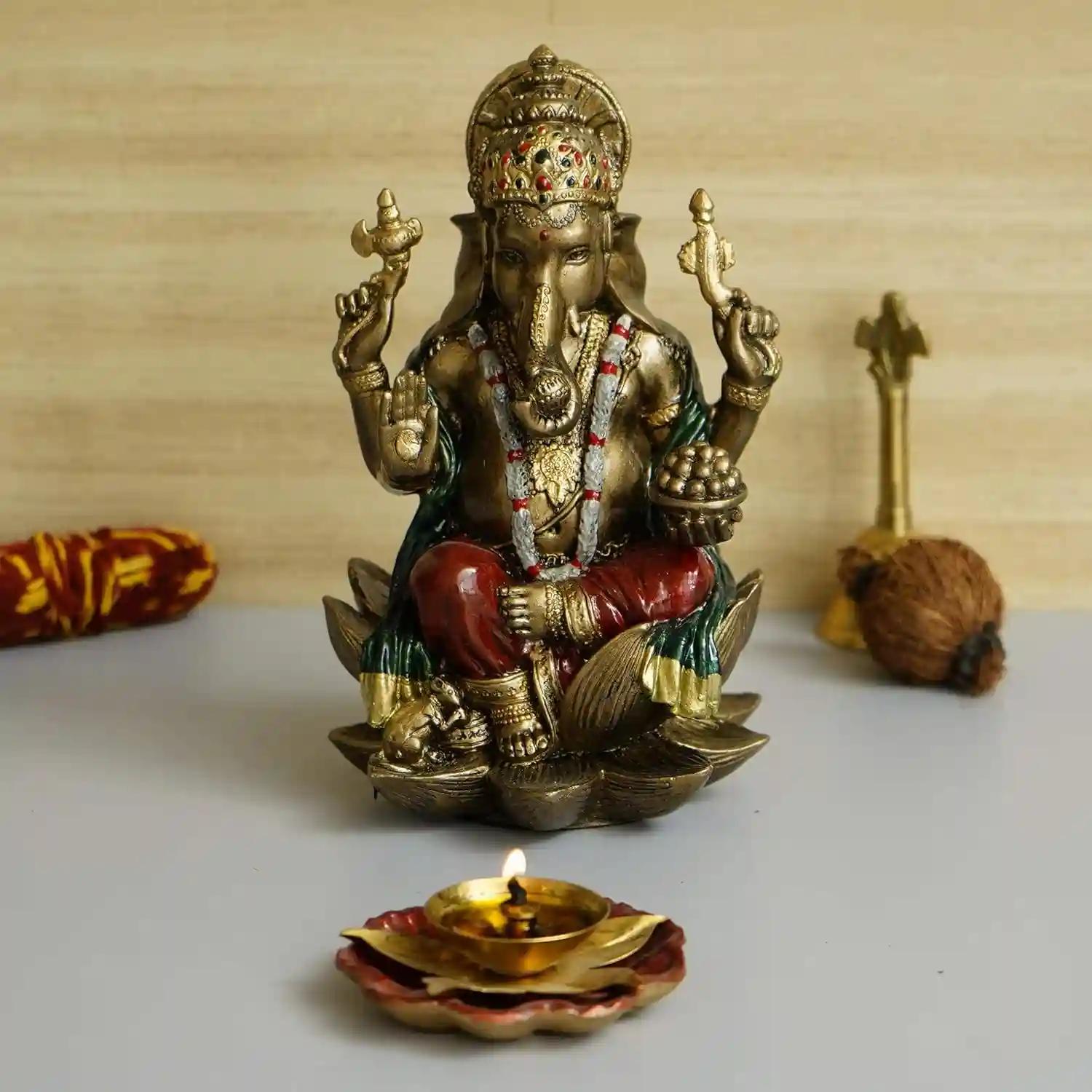 WEBELKART Antique Cold Cast Resin Lord Ganesh Idol, God of Health & Wealth Diwali Gifts Home Décor (Size: 7.50")