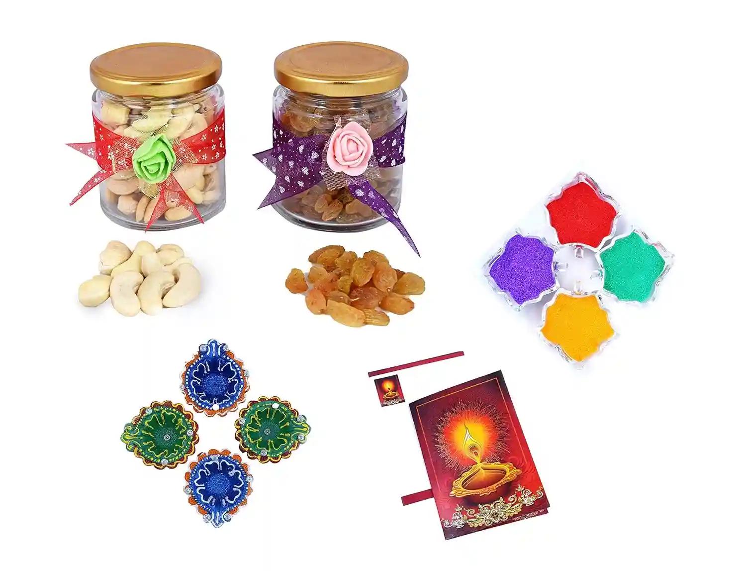 MANTOUSS Diwali Dry Fruit Decorative Glass Jar-Cashew and Raisins(100gms Each),200 GMS + 2 earthern Diya, Diwali Greeting Card and Rangoli Colours