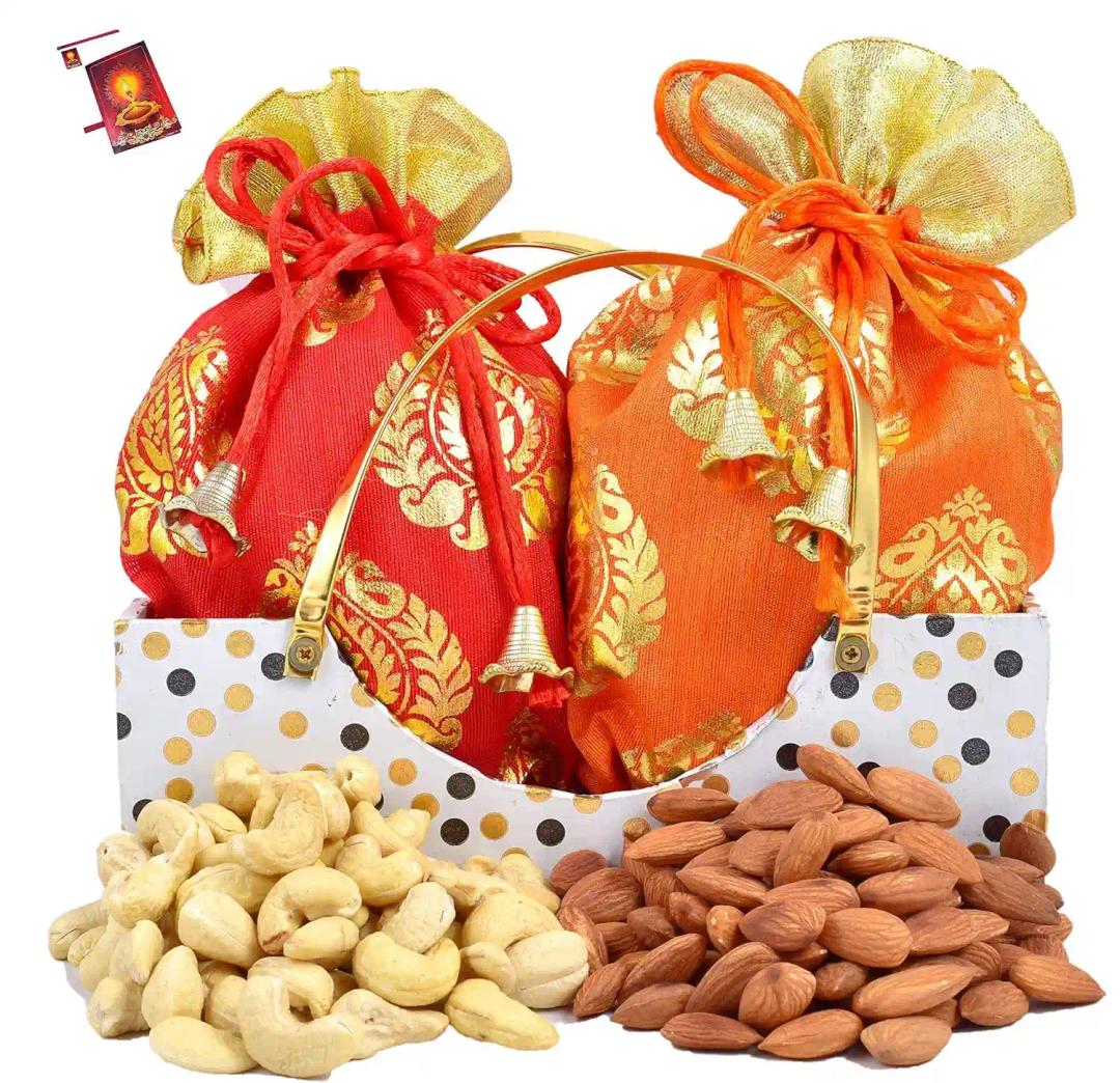 Diwali gift hamper/diwali dry fruits gift box/diwali dry fruits tray/diwali dry fruits gift hamper/-Decorated basket with 50 gms of cashew+50 gms of almonds+(In separate potlis)+ Diwali greeting Card