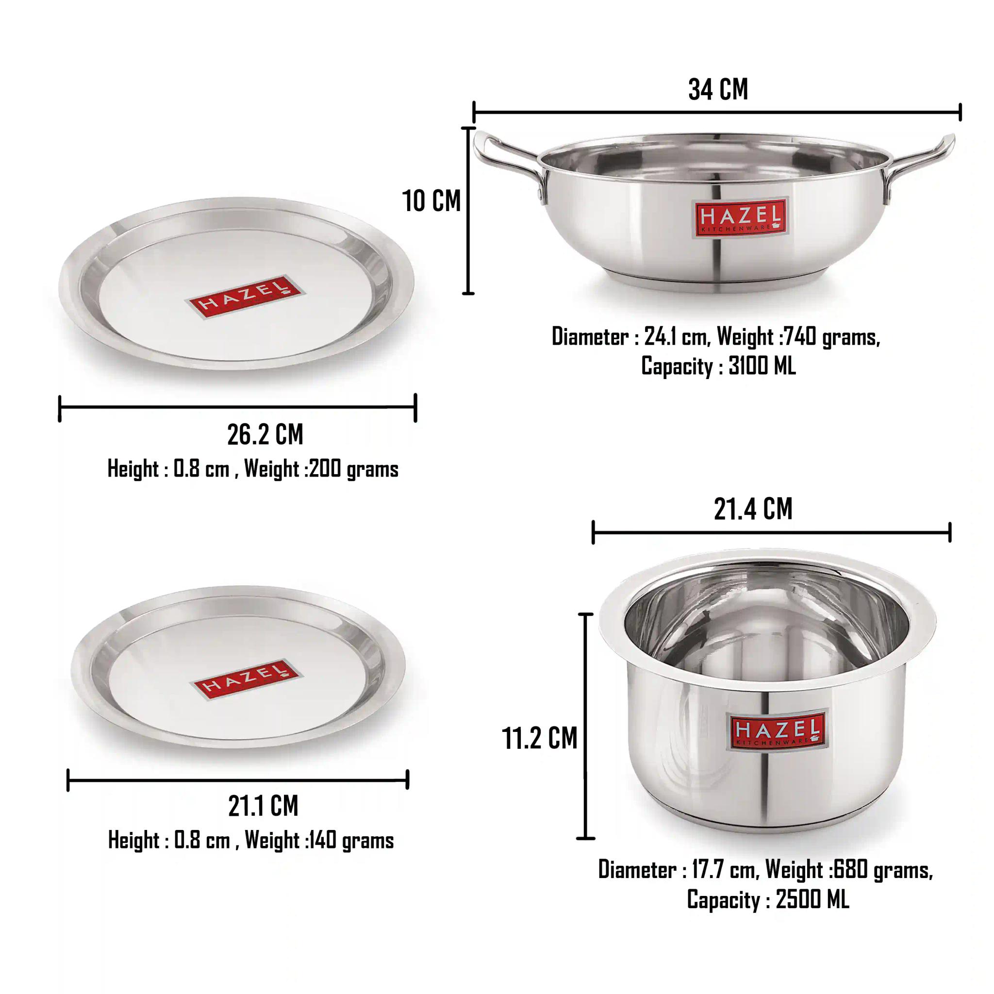 HAZEL Induction Base Cookware Set | Stainless Steel Induction Bottom Cookware Bartan Combo for Cooking (Kadhai, Tope, 2 Steel Lid Cover) 4 Pieces, Silver