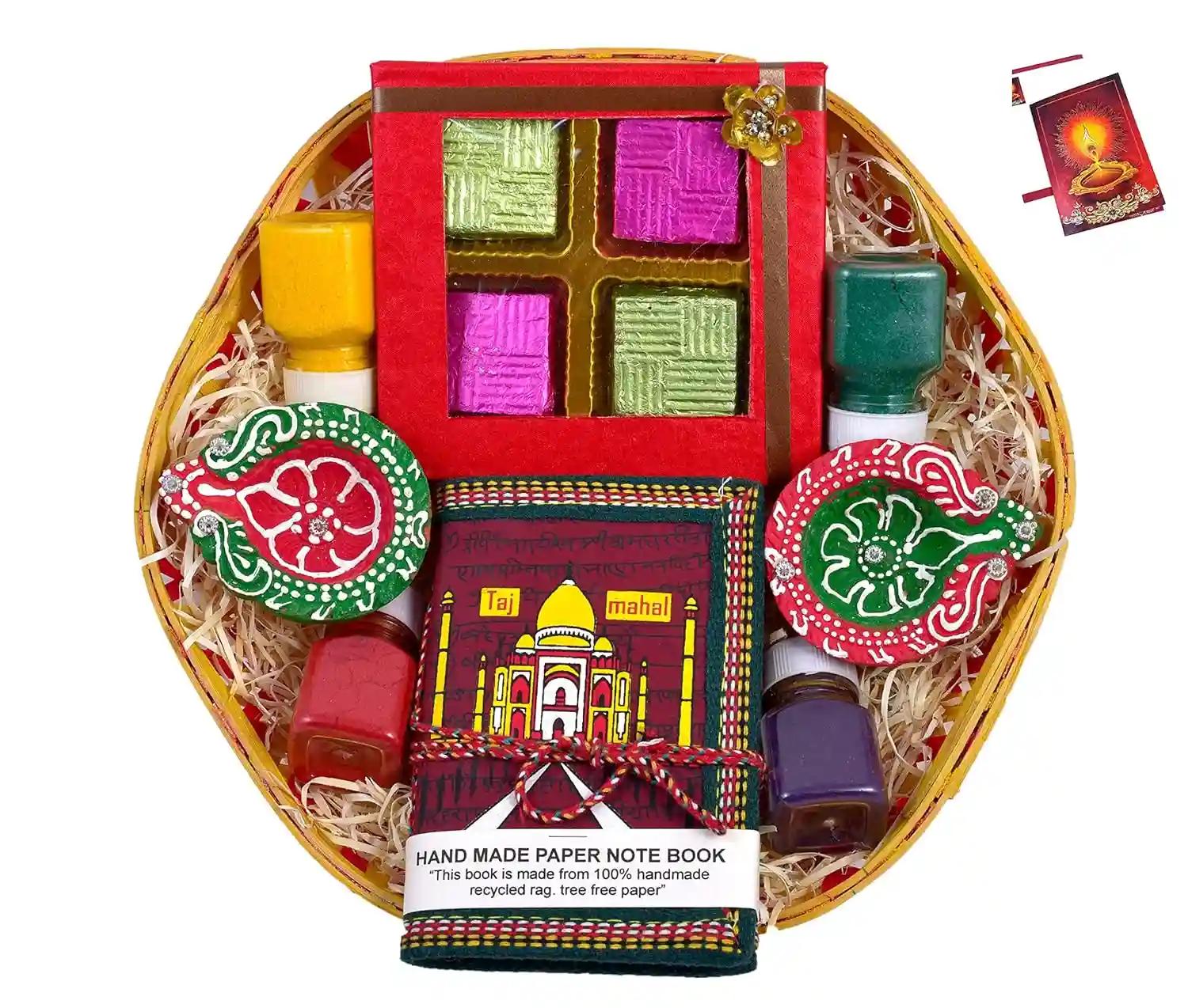 Diwali gift/diwali gift items/diwali gifts for friends and family/diwali gifts for employee-Decorative basket+Chocolate box+Handmade diary+2 earthern diyas+4 rangoli colours +Diwali greeting card