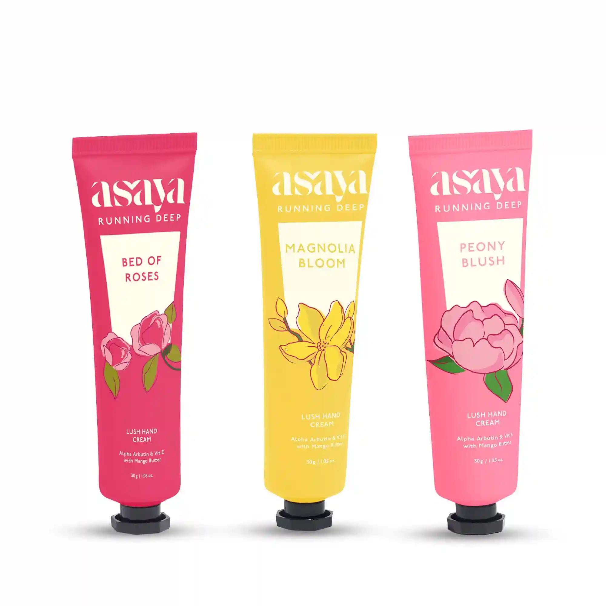 Asaya Pack of 3 Hand Creams for Women & Men | Softens Dry, Rough Hands | Reduces Pigmentation | Alpha Arbutin, Mango Butter & Vit E | All Skin Types | Rose, Magnolia & Peony Fragrance