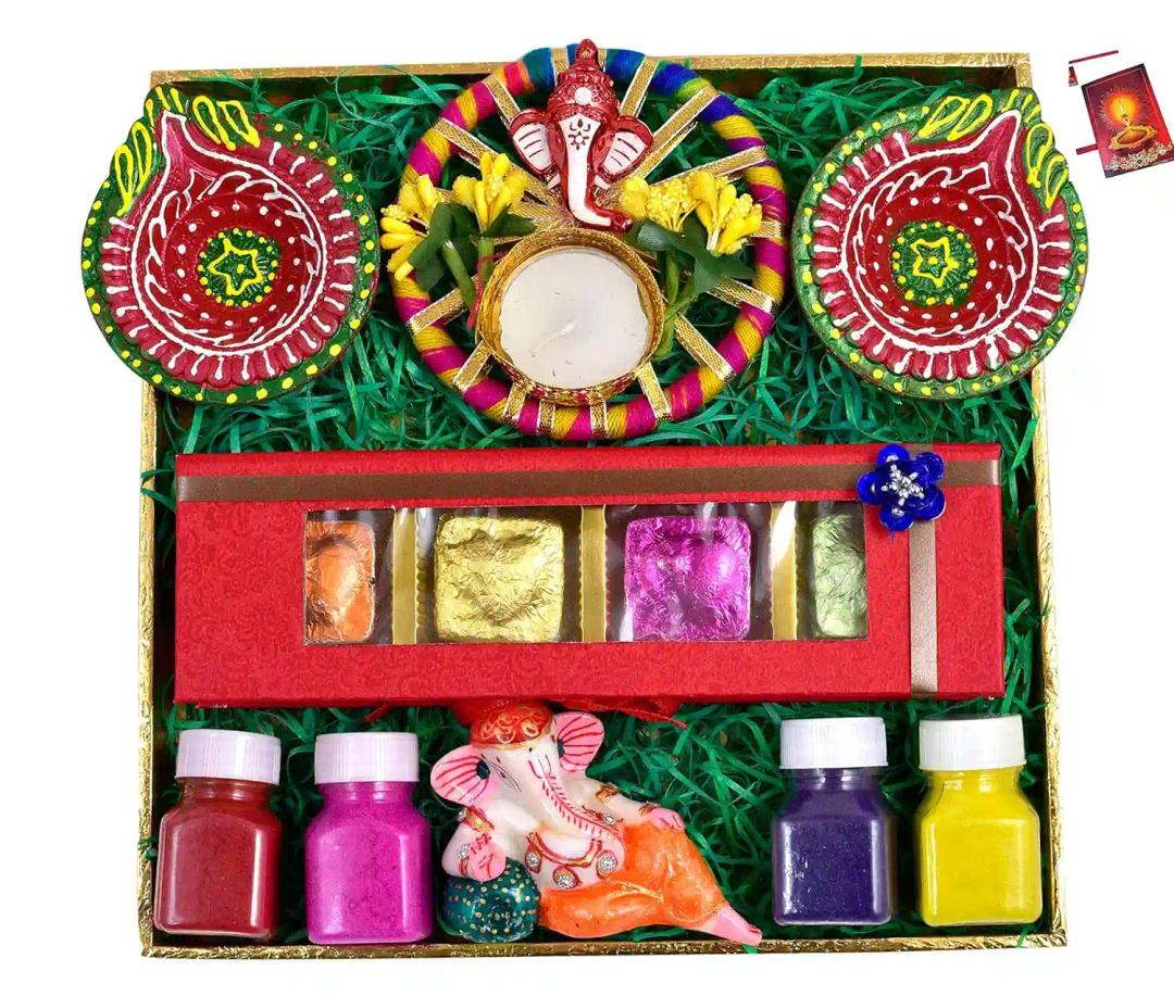 Diwali gifts for friends and family/Diwali gift hampers for employees/Diwali chocolate gift pack-decorated tray+Chocolate box+Showpiece figurine+2 diya+4 rangoli colours+1 decorative diya+Diwali card