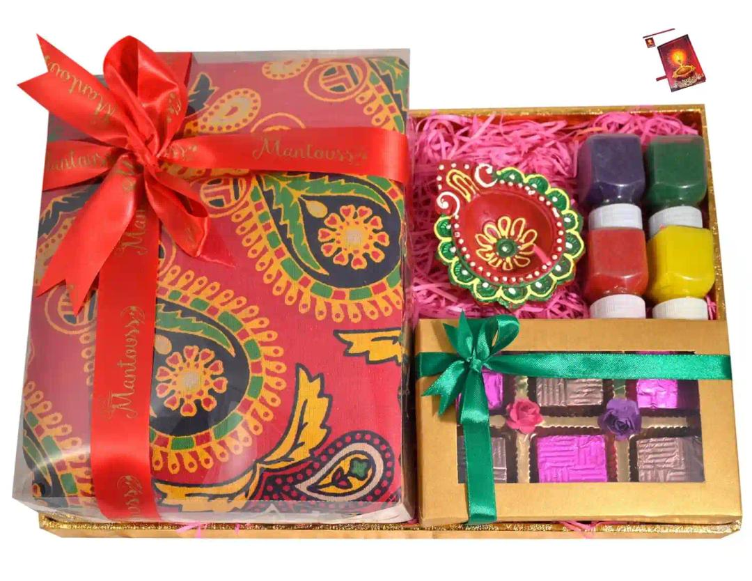 MANTOUSS Diwali Chocolate Gift Basket Hamper/Chocolate Gift Combo/diwali gift box-Decorated Tray+Handmade Chocolate Box+Mandala bedsheet+Earthern diya+4 Rangoli Colour+Diwali Greeting Card