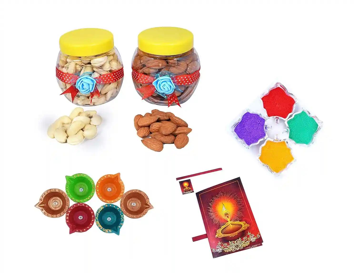 MANTOUSS Diwali Dry Fruit Decorated Jar-Almond and Cashew(100gms Each),200 GMS + 2 Cute diyas, Rangoli Colours and Diwali Greeting