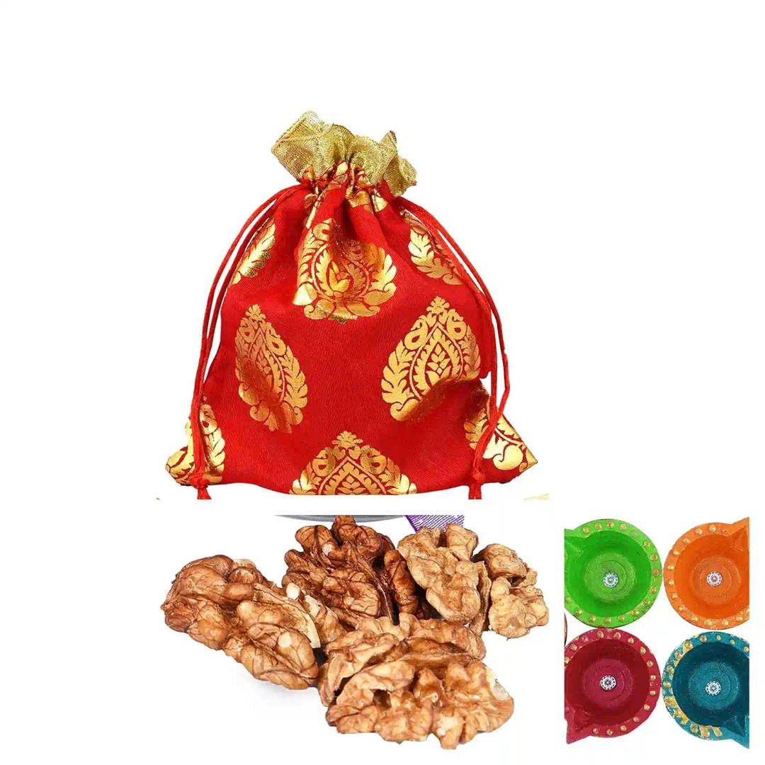 MANTOUSS Diwali Dry Fruit Red Designer Potli-Walnut+ 2 Cute diyas