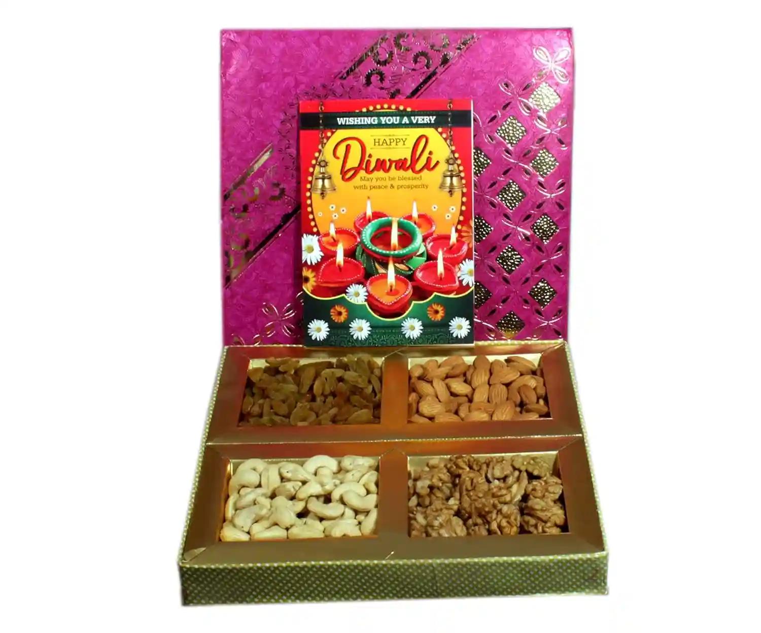 MANTOUSS Diwali dry fruits gift pack/Diwali dry fruits gift combo/Diwali gift hamper-100 gms cashew+100 gms almonds+100 gms walnut+100 gms raisin+Diwali greeting card