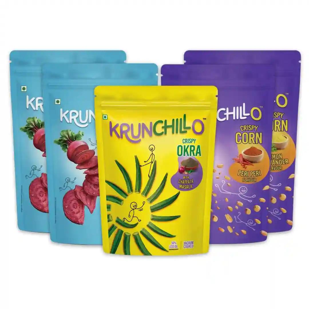 KRUNCHILLO - Beetroot, Corn and Okra Chips |Jumbo Pack |Healthy Snacks | High Protein | Source of Fiber |Assorted Pack | 50% Less oil Vaccum Cooked (270gm- Pack of 5)