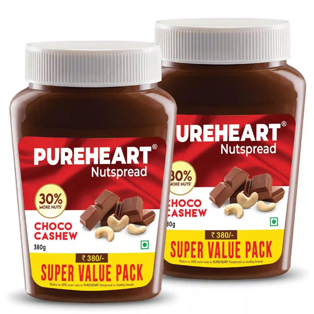 PUREHEART Nut Spread Choco Cashew (380 gm, Pack of 2) Nutty Chocolate Cashew Spread for Breakfast, Bread/Toast, Sandwich