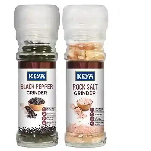 KEYA Combo of Black Pepper Grinder 50g, Rock Salt Grinder 100g, Pack 2