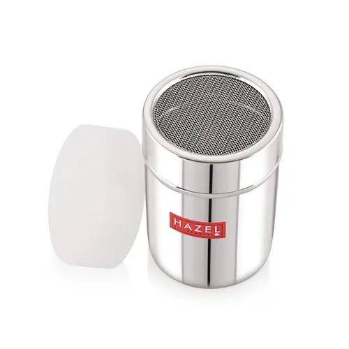 HAZEL Stainless Steel Chocolate Shaker | Chat Masala Sprinkler | Cocoa Flour Icing Sugar Powder Coffee Sifter with Lid Kitchen Tools, Capacity 310 ml, Silver