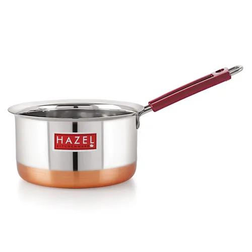 HAZEL Stainless Steel Milk Saucepan Copper Bottom Tea Pan with Fixed Rubber Grip Handle, 1000 ML, Silver