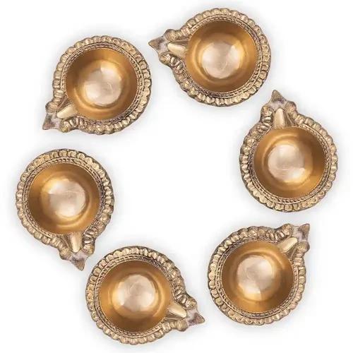 ALODIE - Brass Diyas with Stand for Home Decoration - Lotus Diyas for Pooja Room - Brass Deepam for Puja Decoration Items - Lotus Diya Brass Gift Items for Return Gifts - Decoration Diya Set of 6